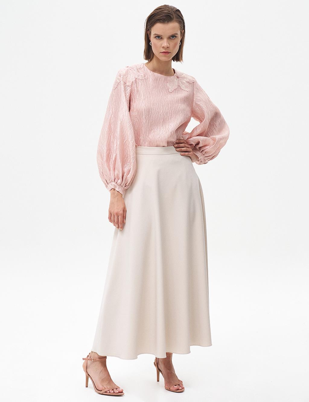 Flower Appliqued Balloon Sleeve Blouse Powder