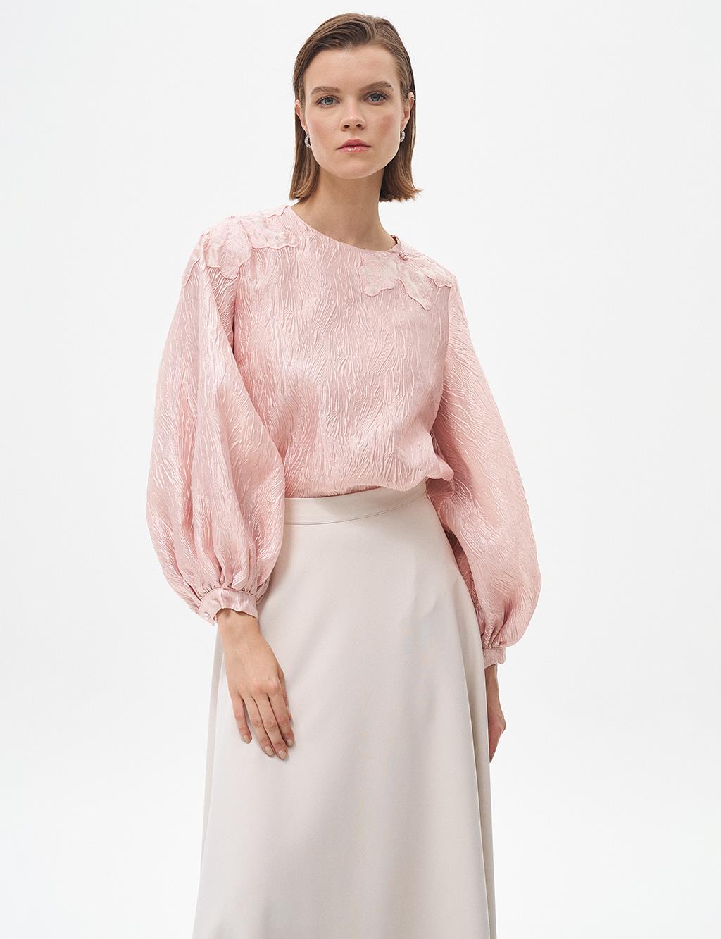 Flower Appliqued Balloon Sleeve Blouse Powder