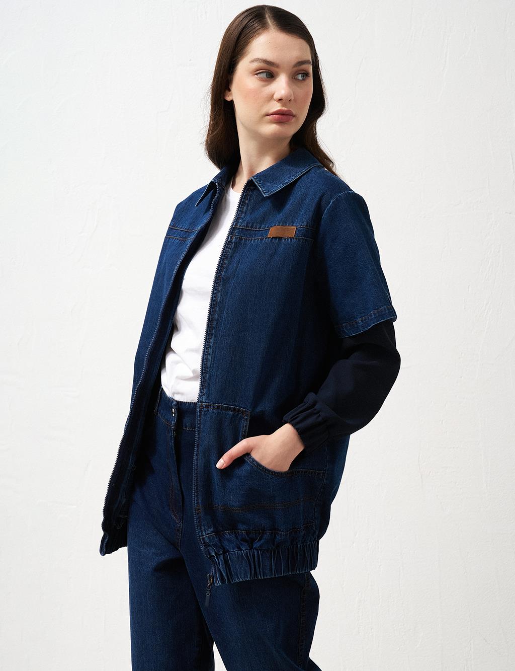 Double-Layered Look Denim Jacket Navy Blue