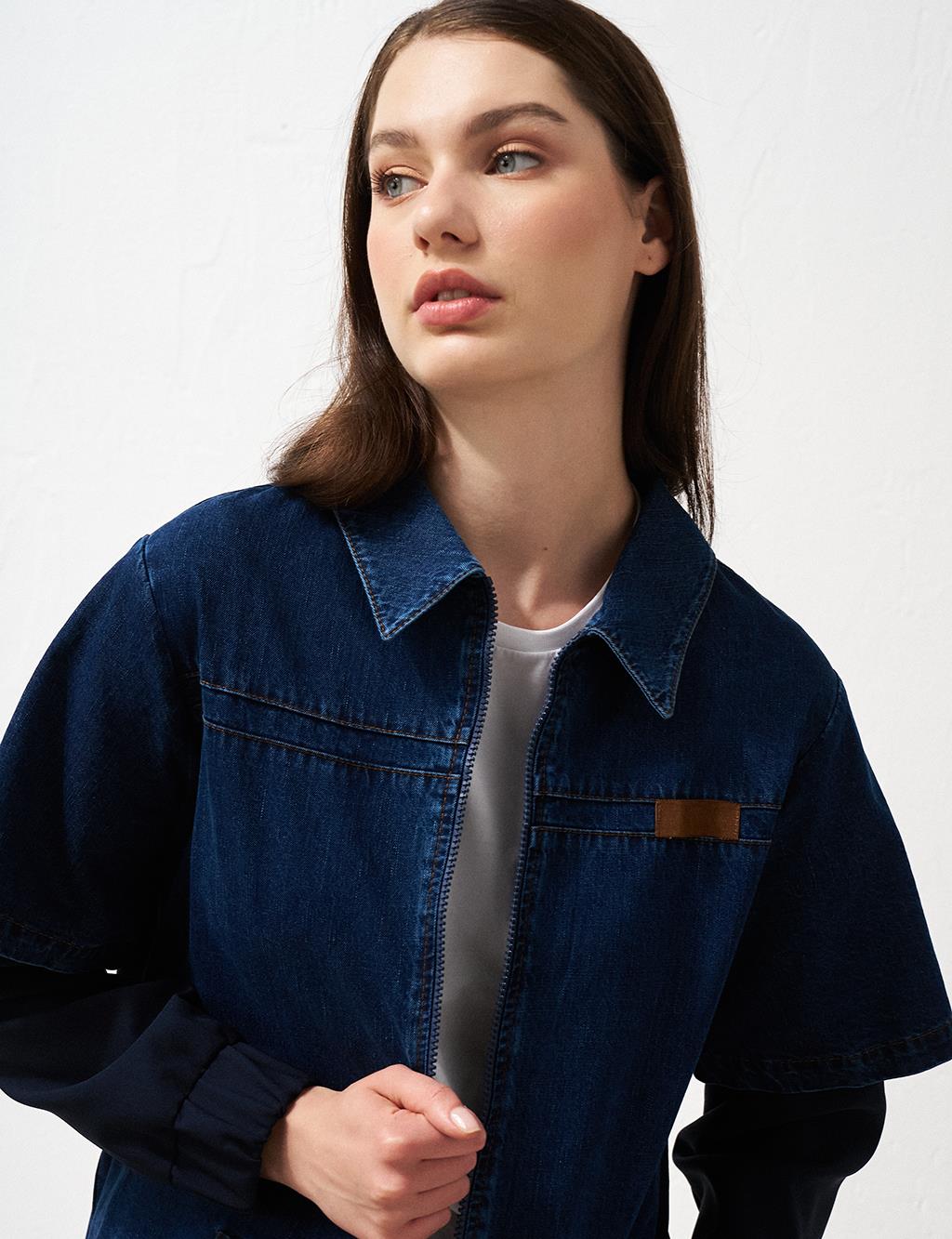 Double-Layered Look Denim Jacket Navy Blue