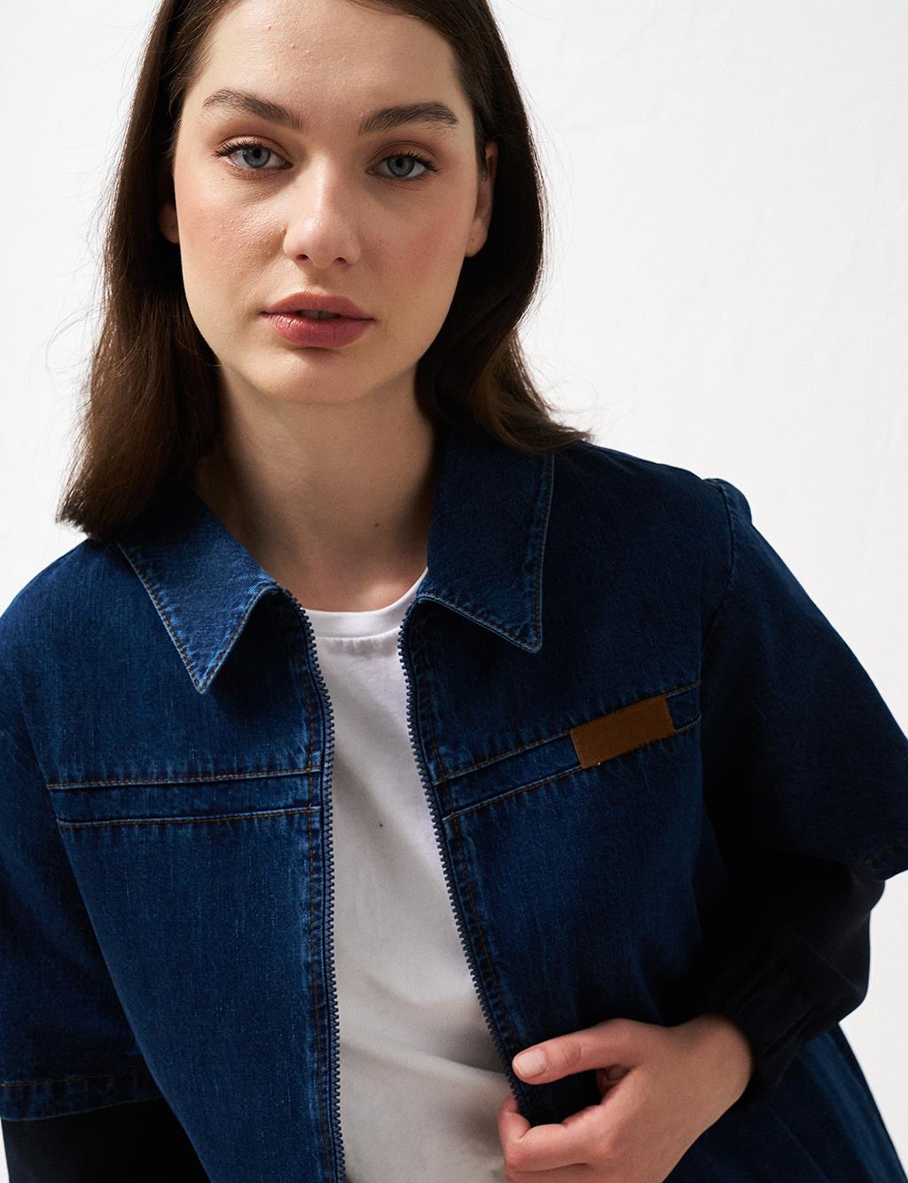 Double-Layered Look Denim Jacket Navy Blue