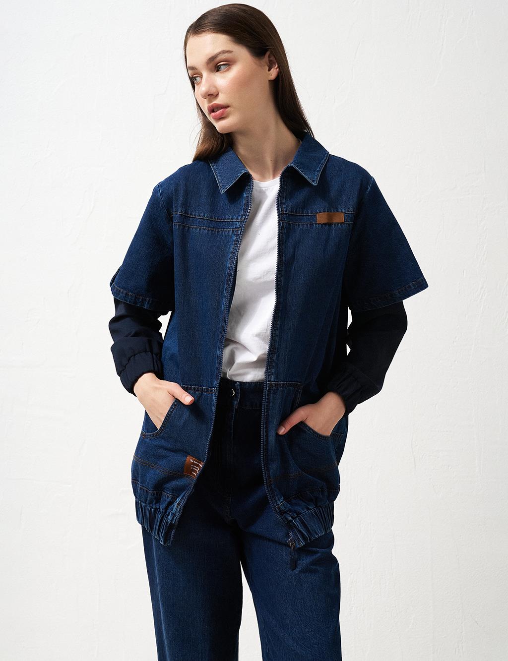 Double-Layered Look Denim Jacket Navy Blue