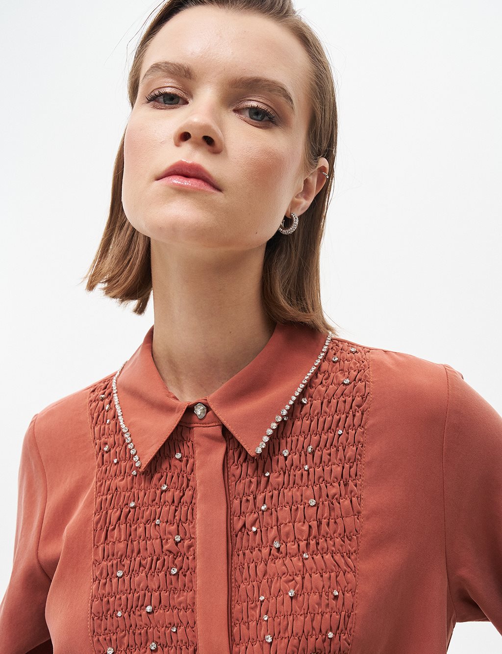 Stone Embroidered Shirt Collar Natural Fabric Tunic Tile