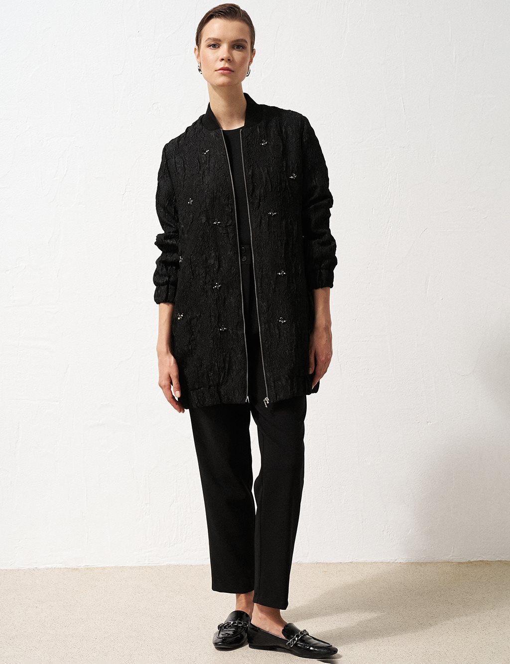 Stone Embellished Relief Pattern Jacket Black