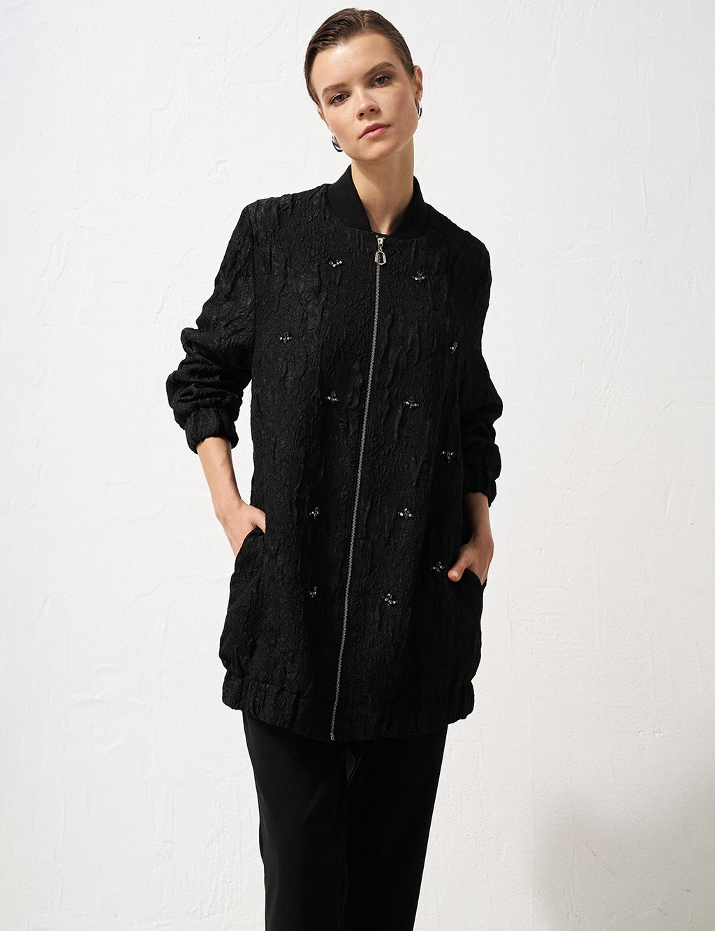 Stone Embellished Relief Pattern Jacket Black