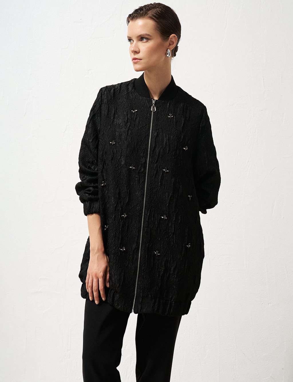 Stone Embellished Relief Pattern Jacket Black