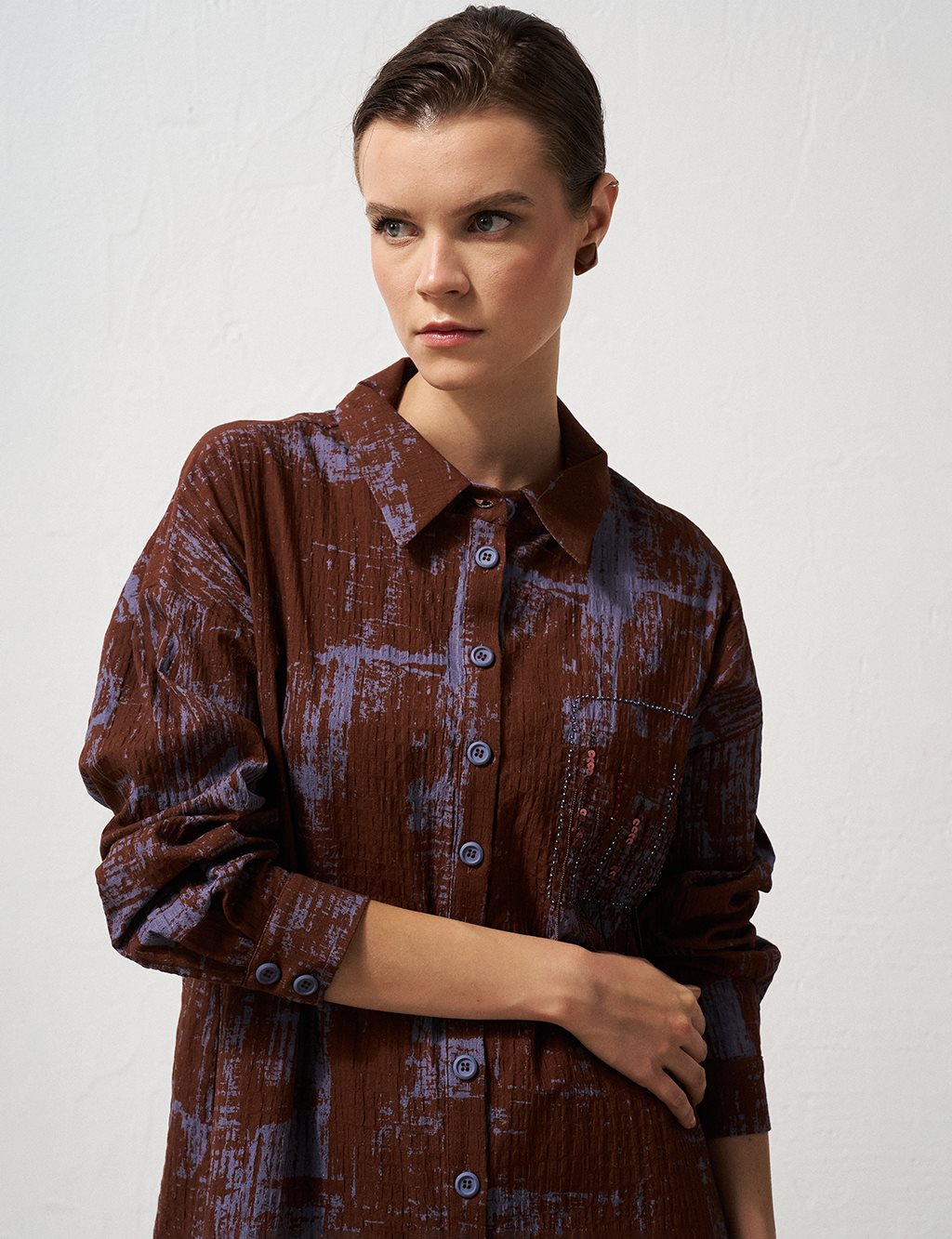 Bead Embellished Abstract Pattern Tunic in Chestnut