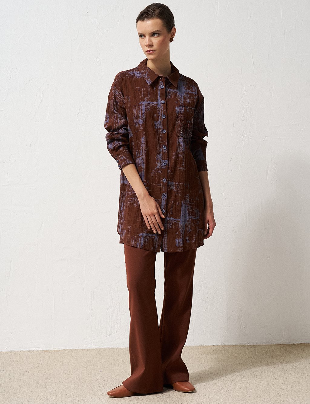 Bead Embellished Abstract Pattern Tunic in Chestnut