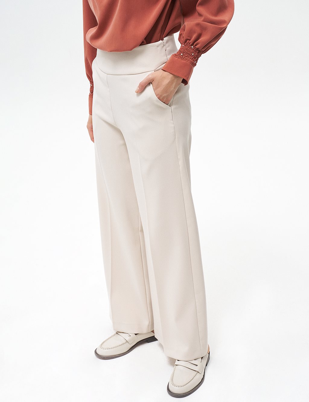 Iron-On Trace Wide Leg Trousers Cream