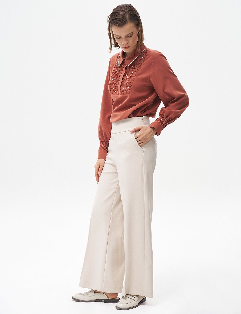 Iron-On Trace Wide Leg Trousers Cream