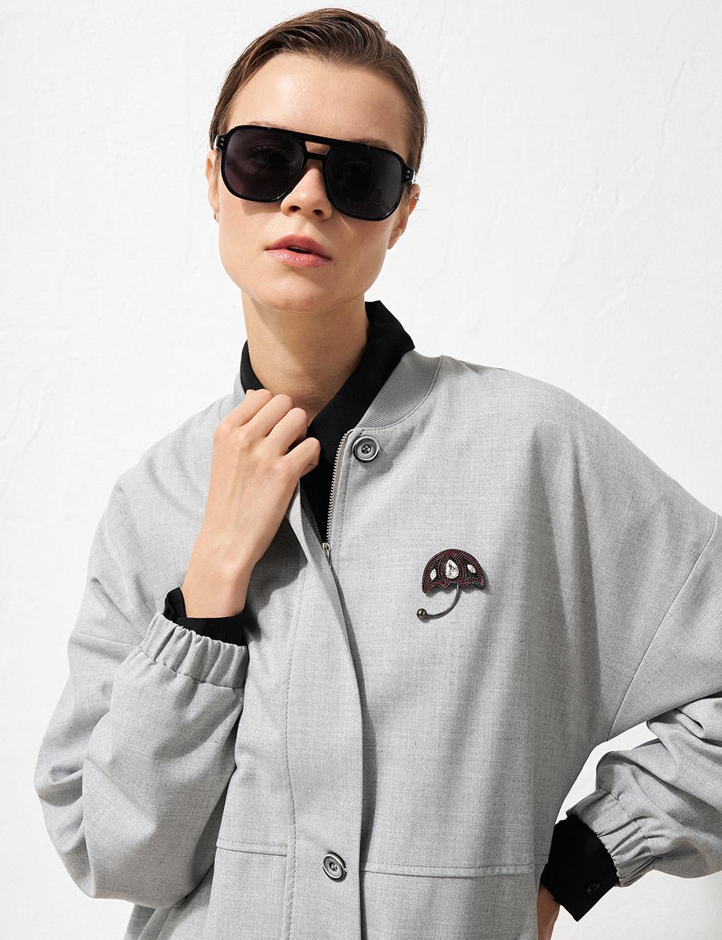 Brooch Detailed College Collar Jacket Light Gray