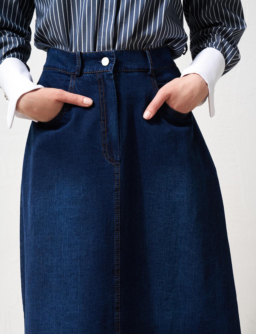 High Waist Denim Flared Skirt Navy Blue