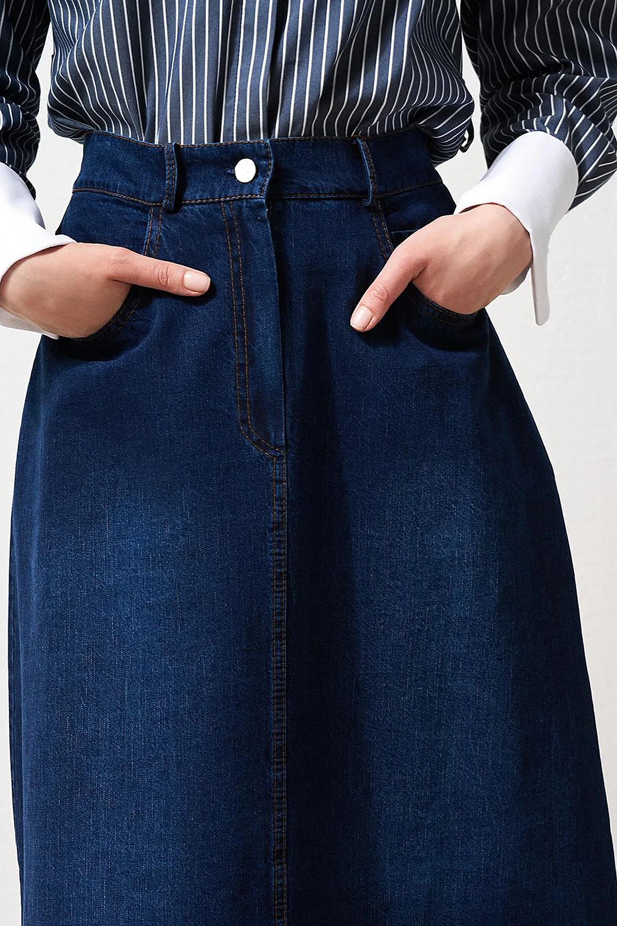 High Waist Denim Flared Skirt Navy Blue