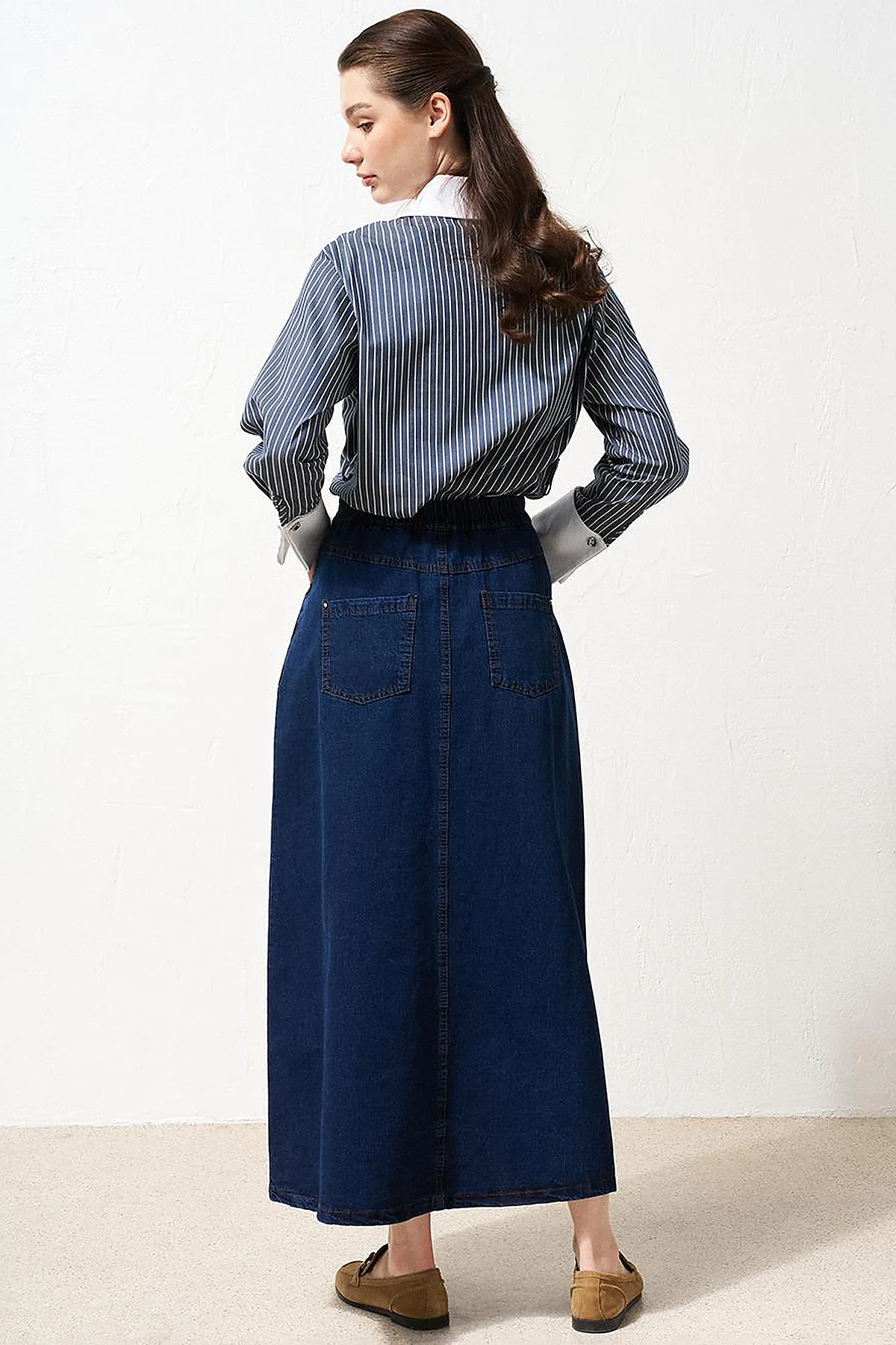 High Waist Denim Flared Skirt Navy Blue