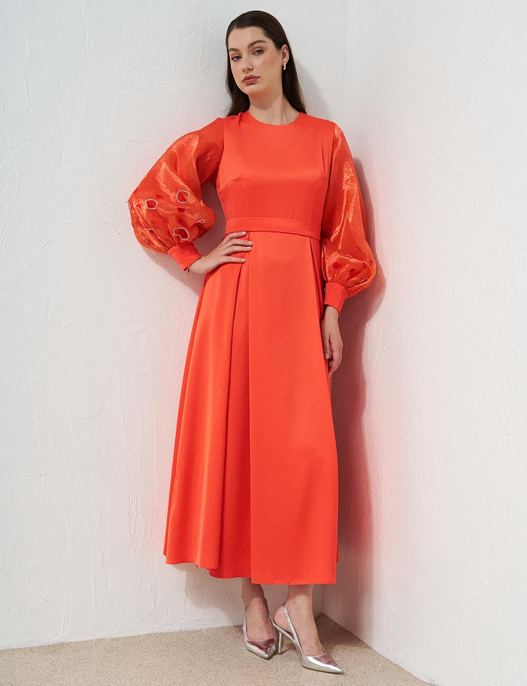 Stone Embellished Satin Dress Coral