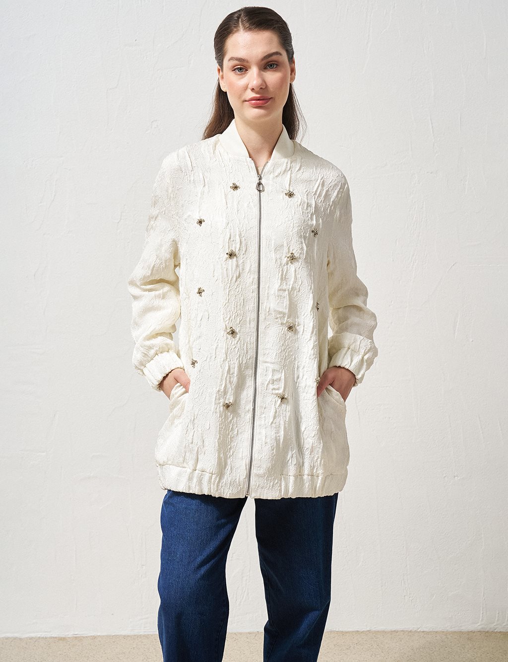 Stone Embellished Relief Pattern Jacket Ecru