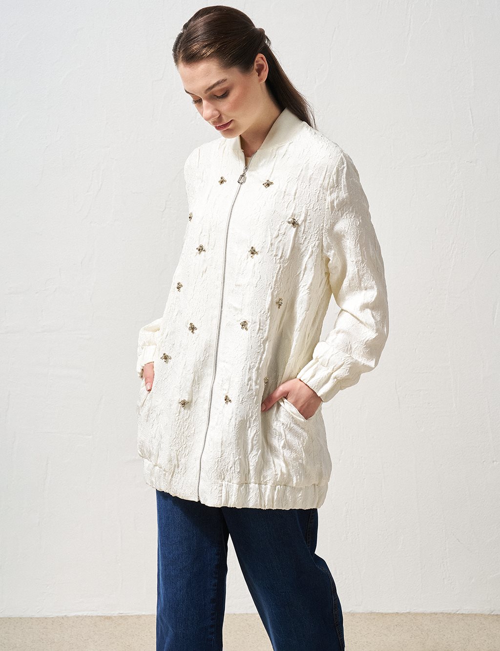 Stone Embellished Relief Pattern Jacket Ecru