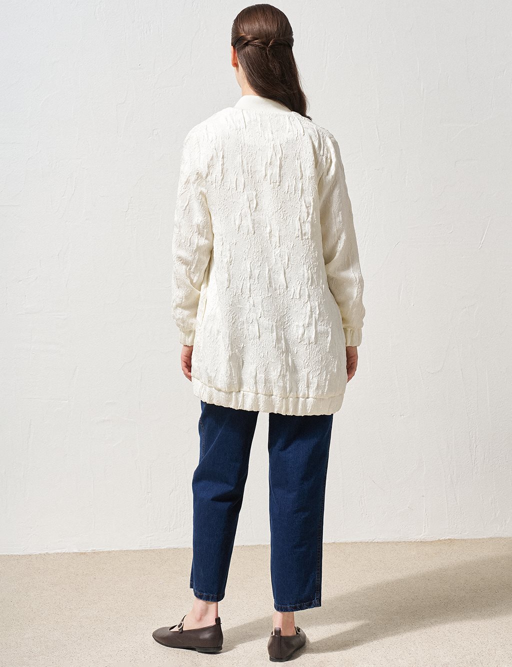 Stone Embellished Relief Pattern Jacket Ecru