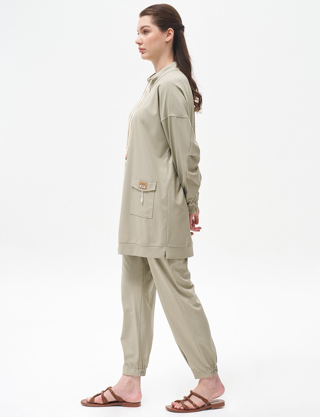 Pocket Detailed Half Zipper Double Suit Water Green