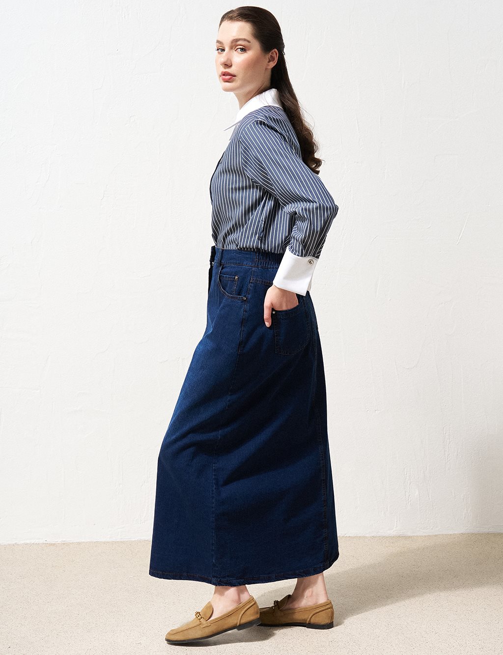 High Waist Denim Flared Skirt Navy Blue