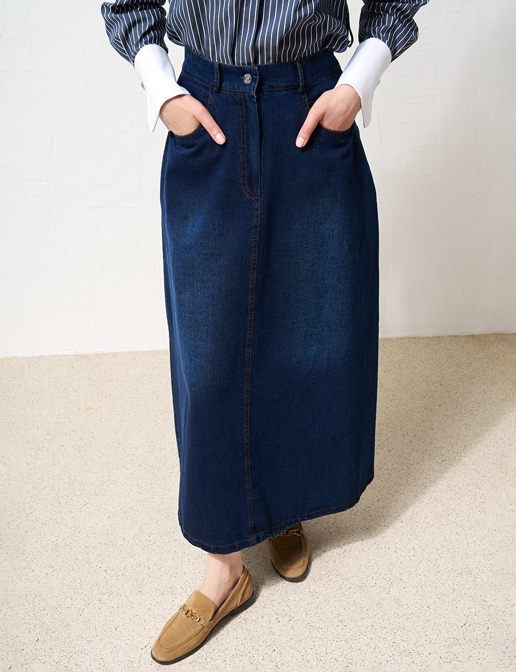 High Waist Denim Flared Skirt Navy Blue