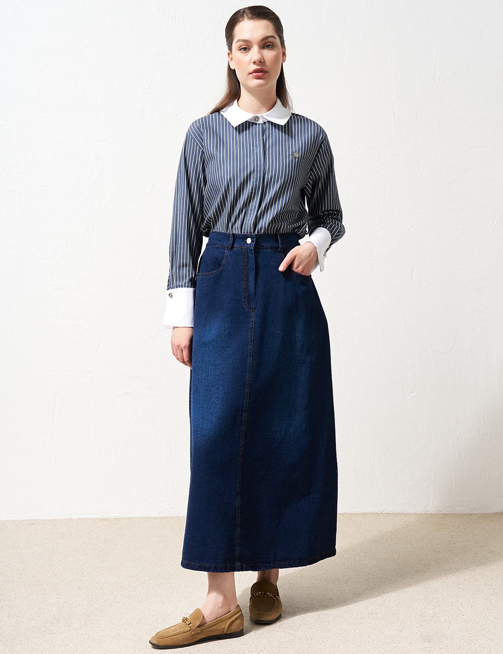 High Waist Denim Flared Skirt Navy Blue