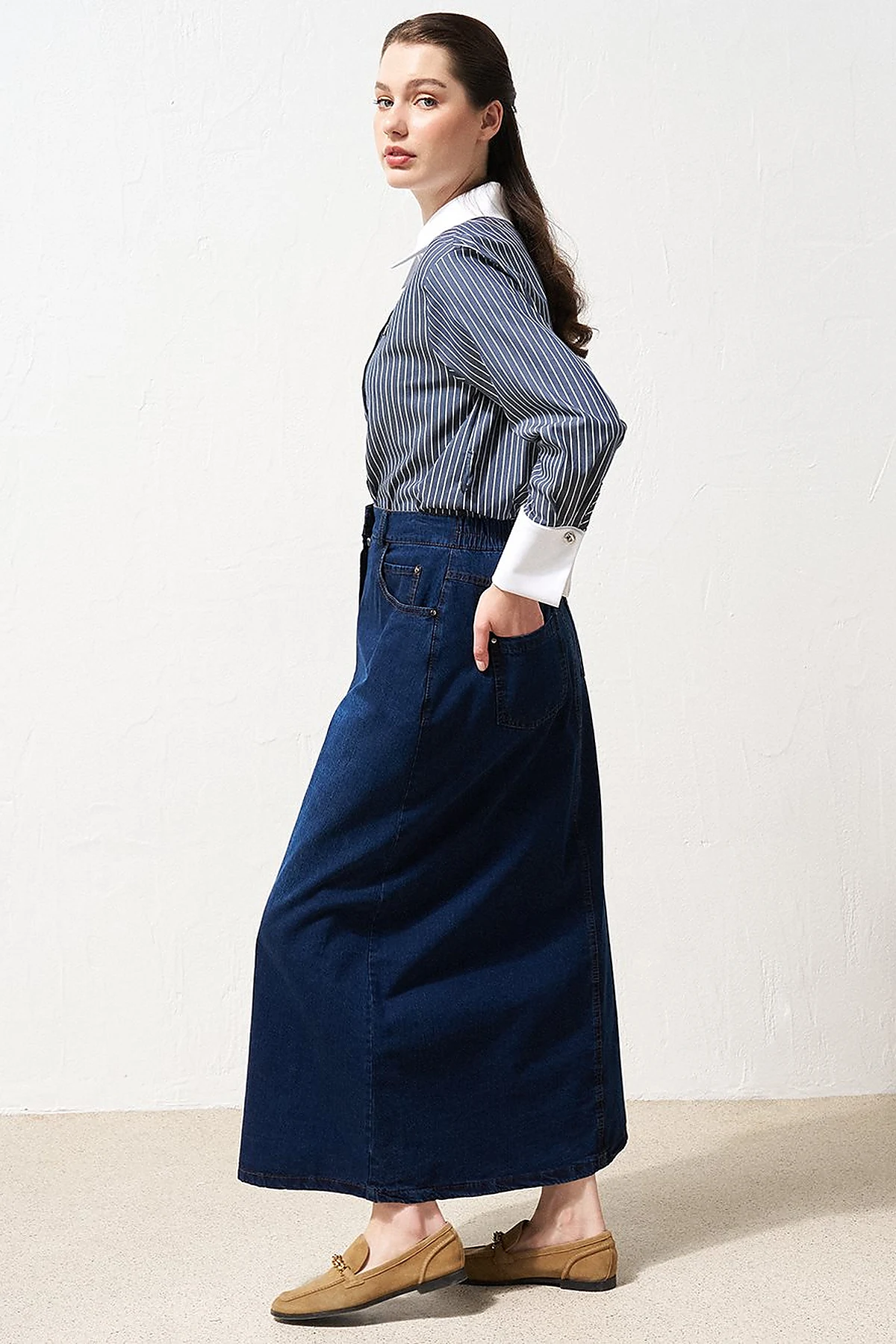 High Waist Denim Flared Skirt Navy Blue