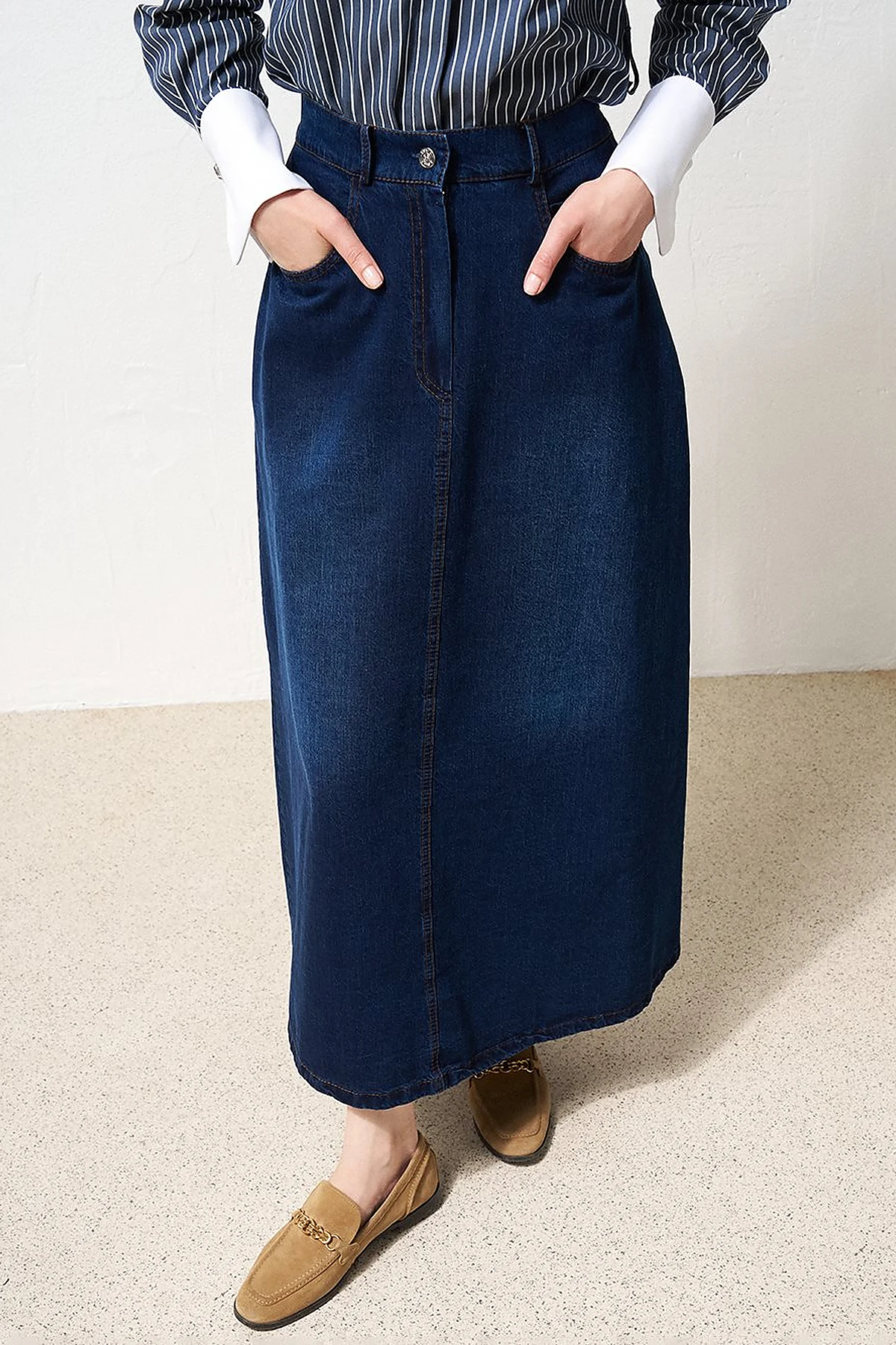 High Waist Denim Flared Skirt Navy Blue