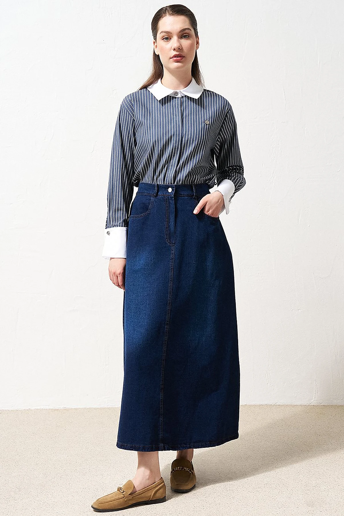 High Waist Denim Flared Skirt Navy Blue