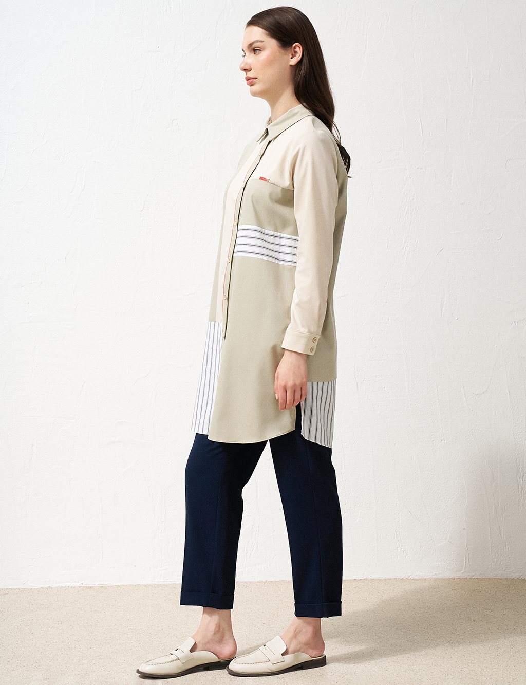 Stripe Pattern Mixed Tunic Mold Green