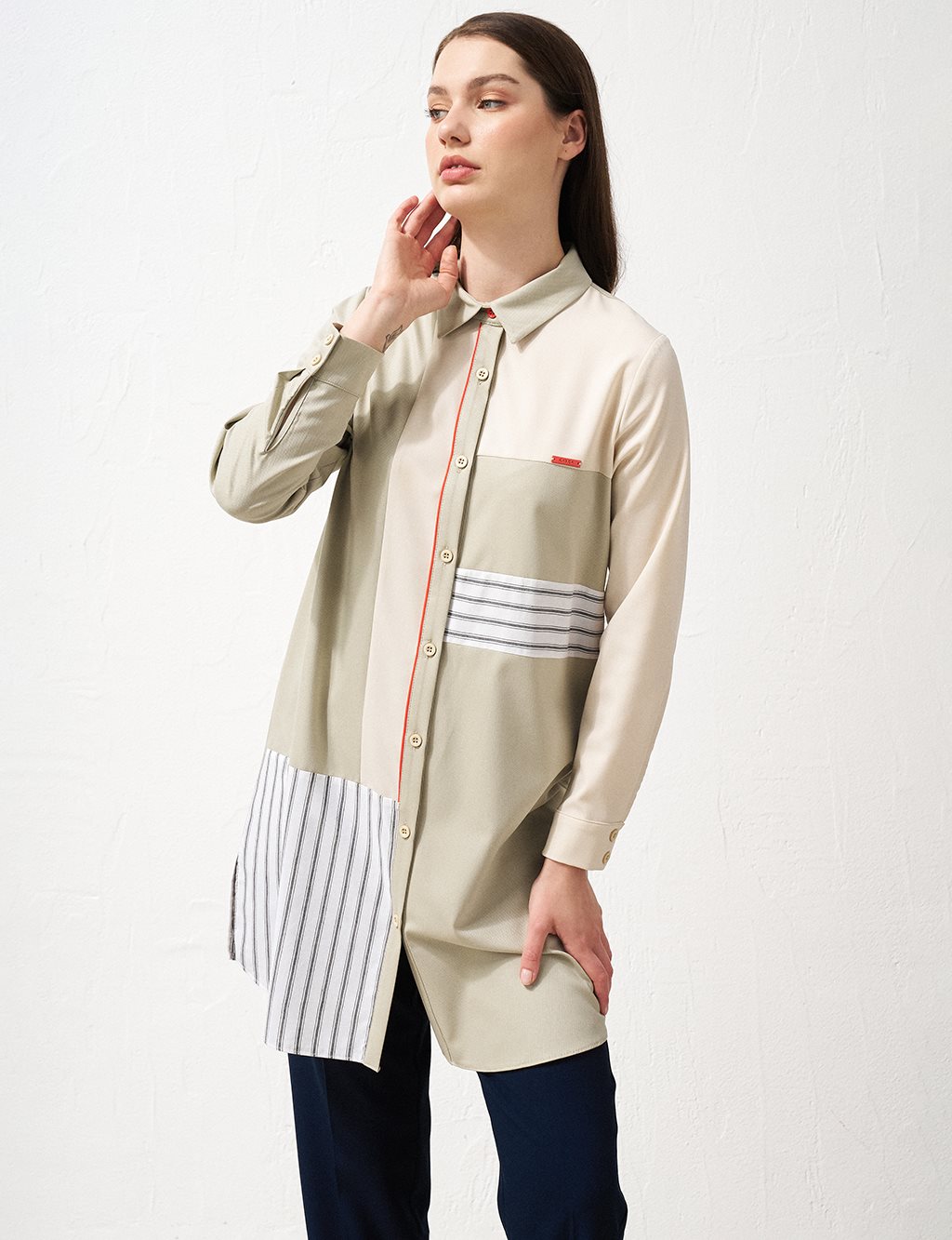 Stripe Pattern Mixed Tunic Mold Green
