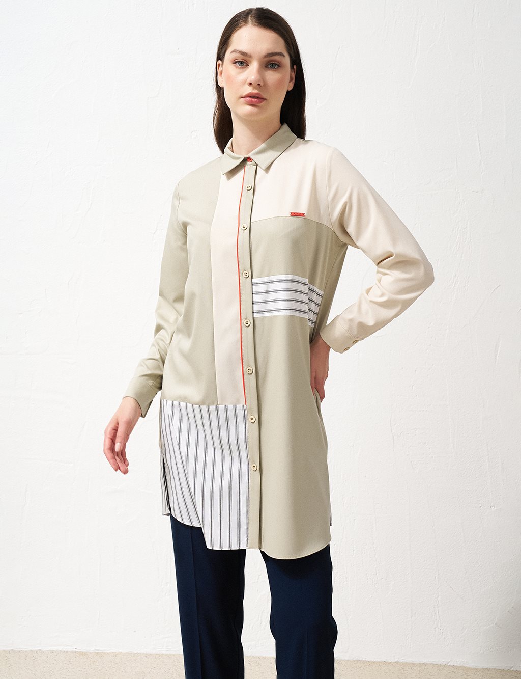 Stripe Pattern Mixed Tunic Mold Green