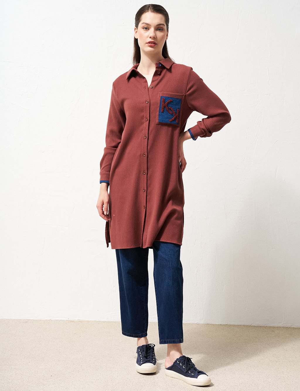 Embroidered Long Tunic Chestnut