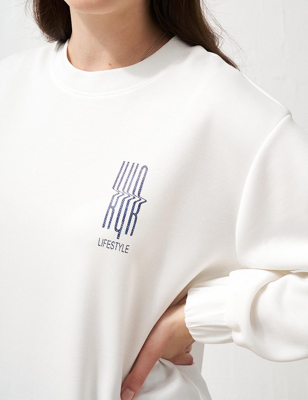 Slogan Detailed Crew Neck Sweatshirt Ecru