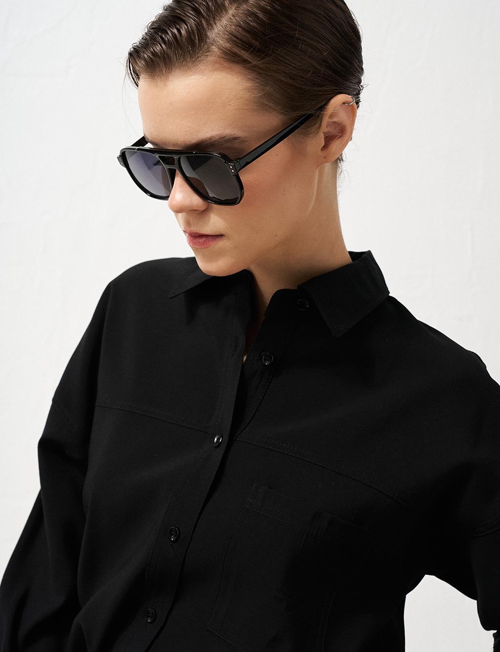 Single Pocket Shirt Collar Tunic Black