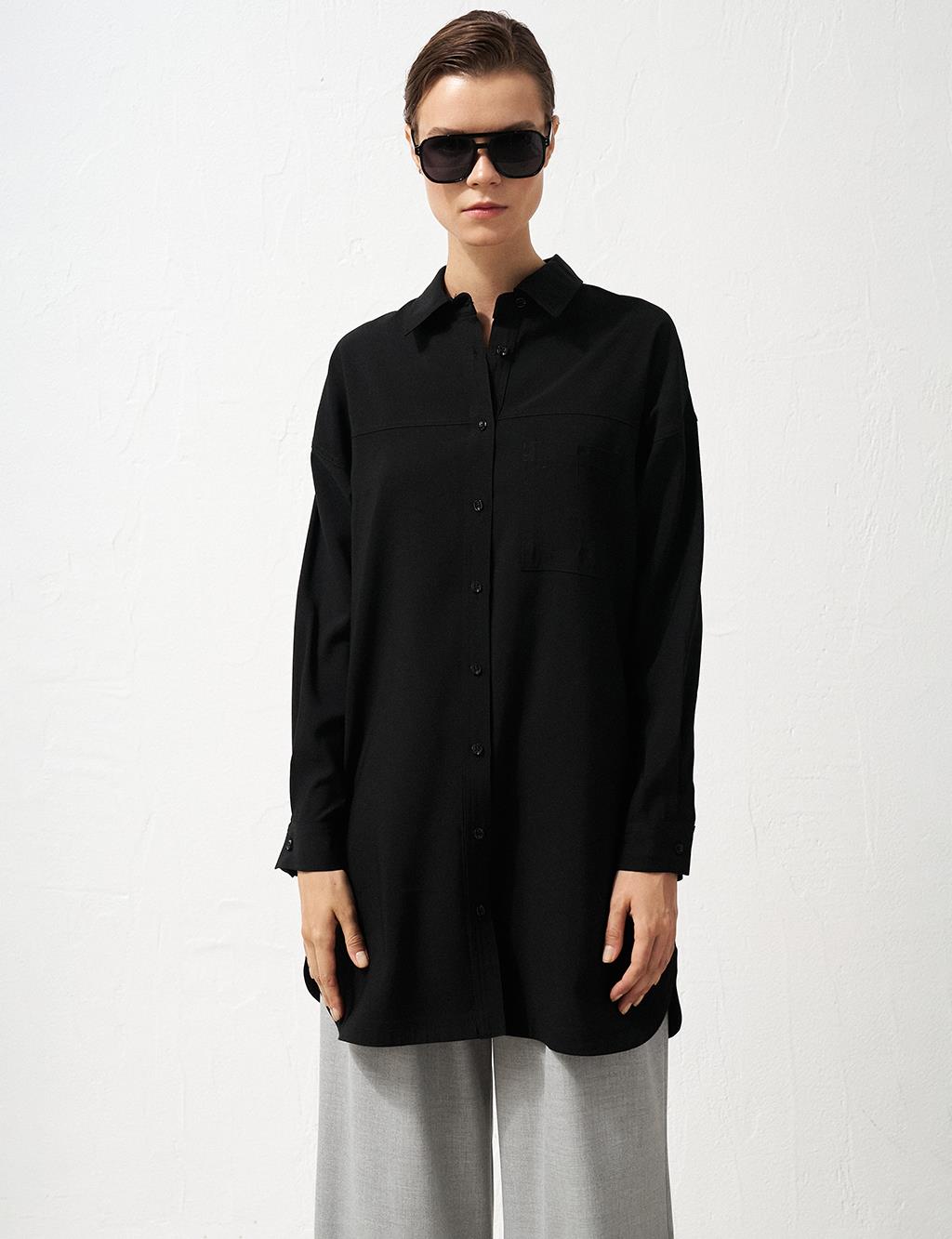 Single Pocket Shirt Collar Tunic Black