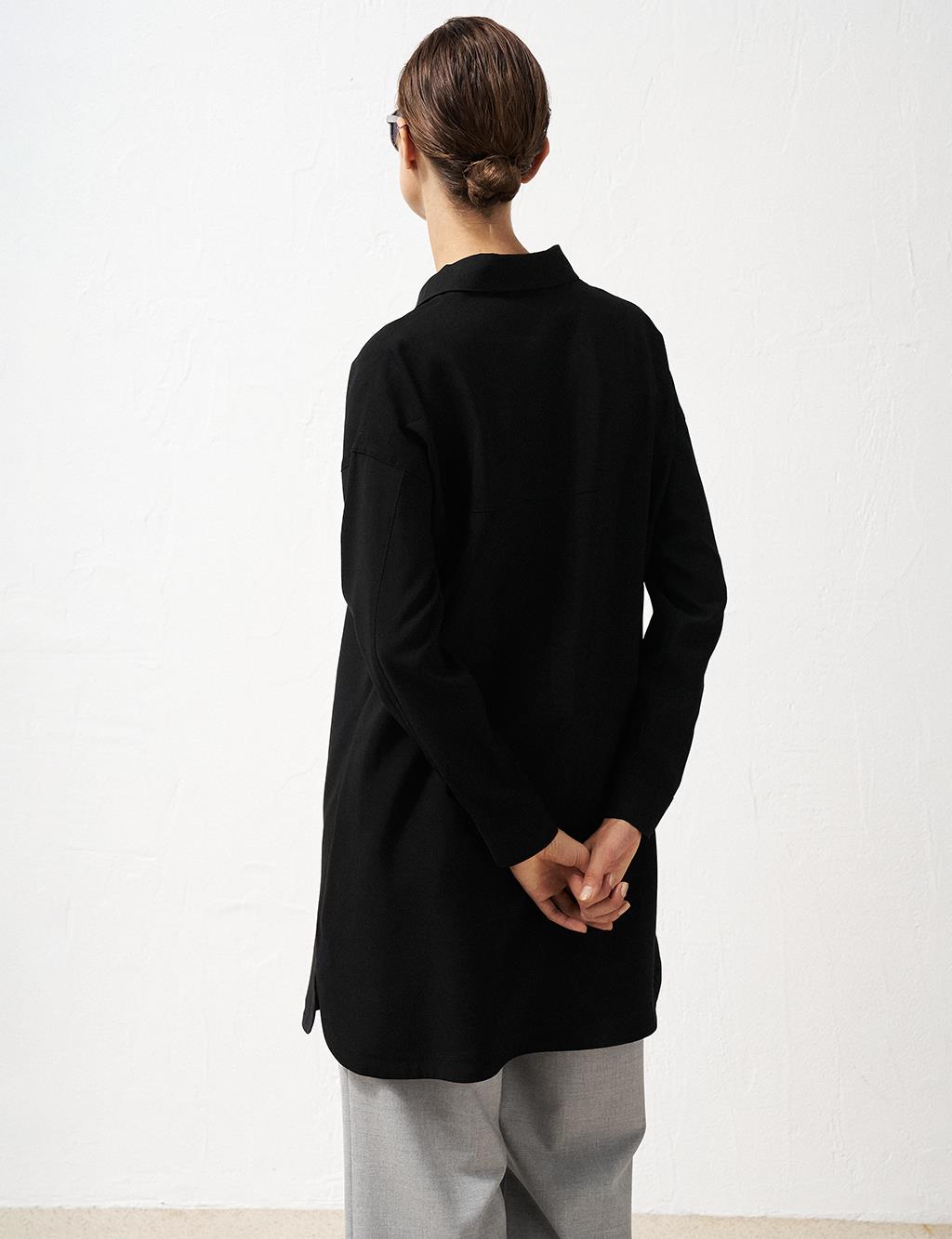 Single Pocket Shirt Collar Tunic Black