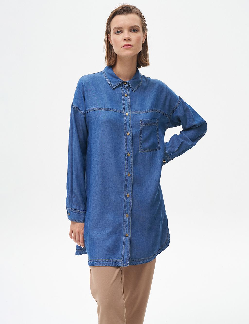 Single Pocket Shirt Collar Tunic Navy Blue