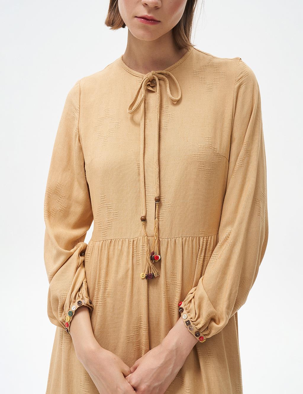 Half Pat Ruffled Dress Beige