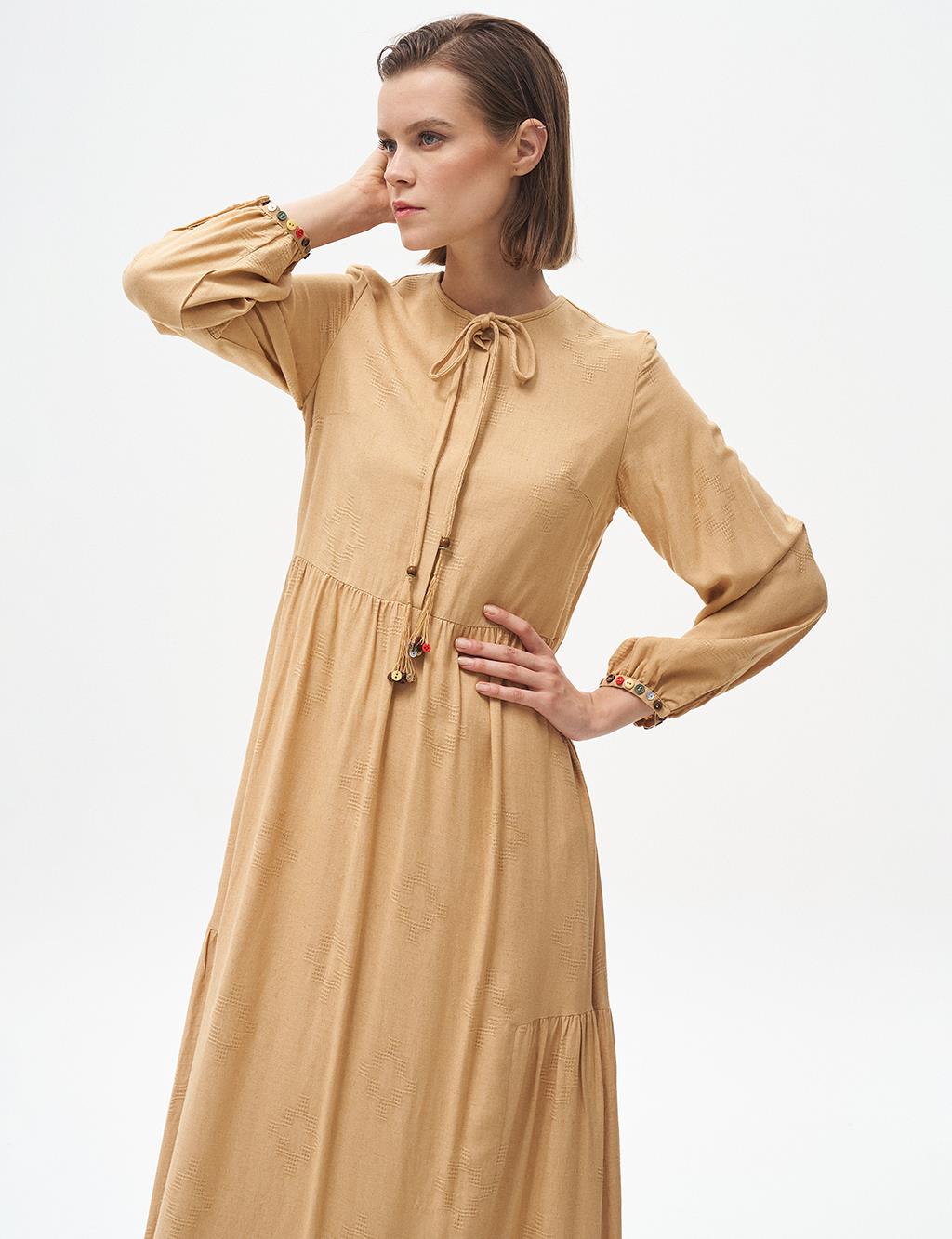 Half Pat Ruffled Dress Beige