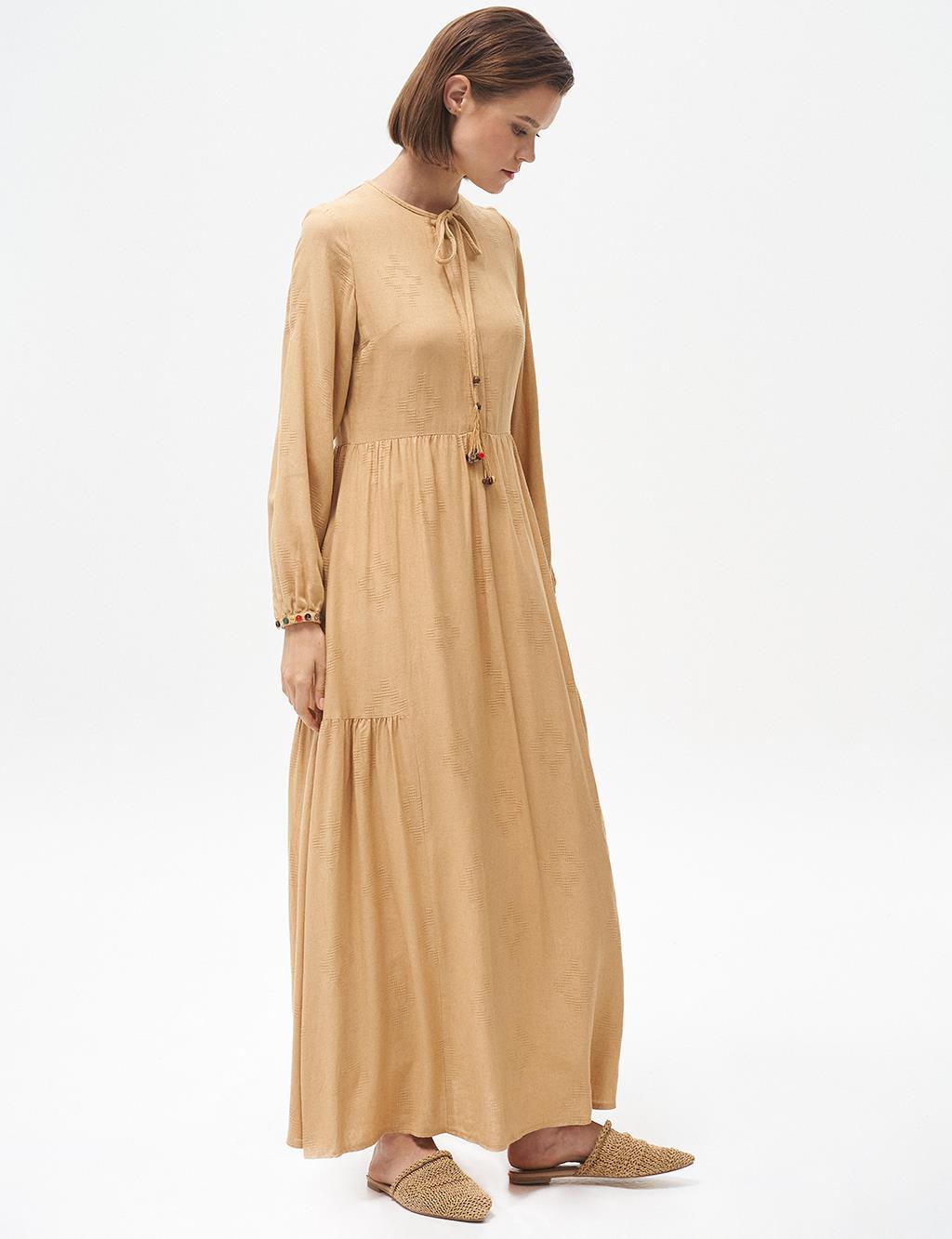 Half Pat Ruffled Dress Beige