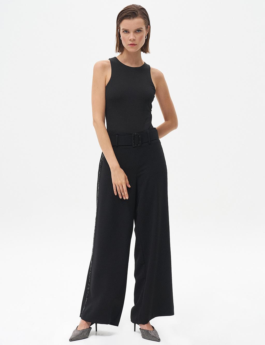 Wide-Leg Pants with Metal Buckle Detail Black