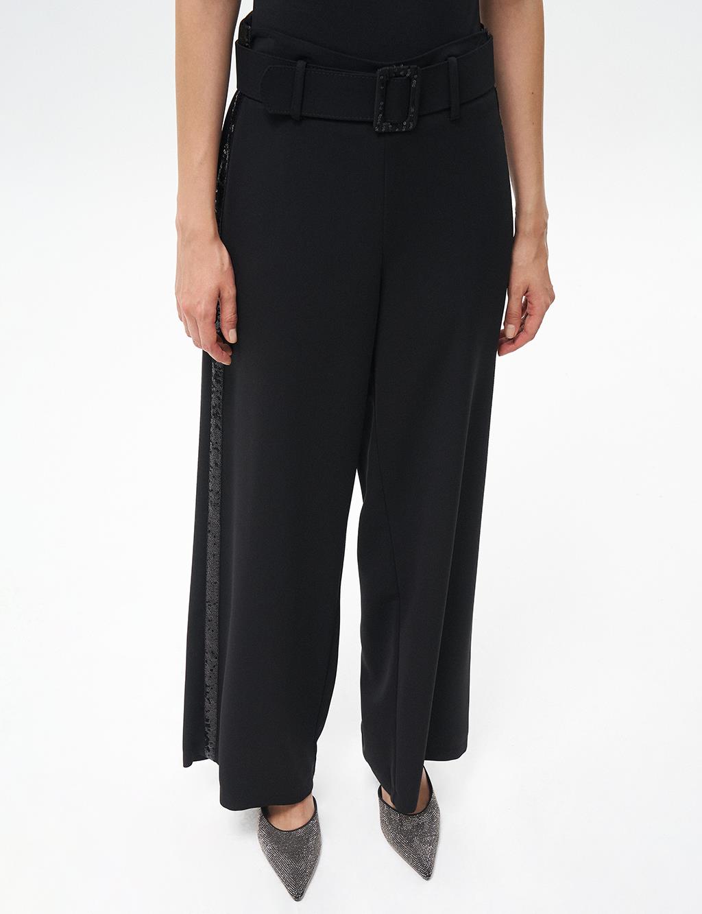 Wide-Leg Pants with Metal Buckle Detail Black