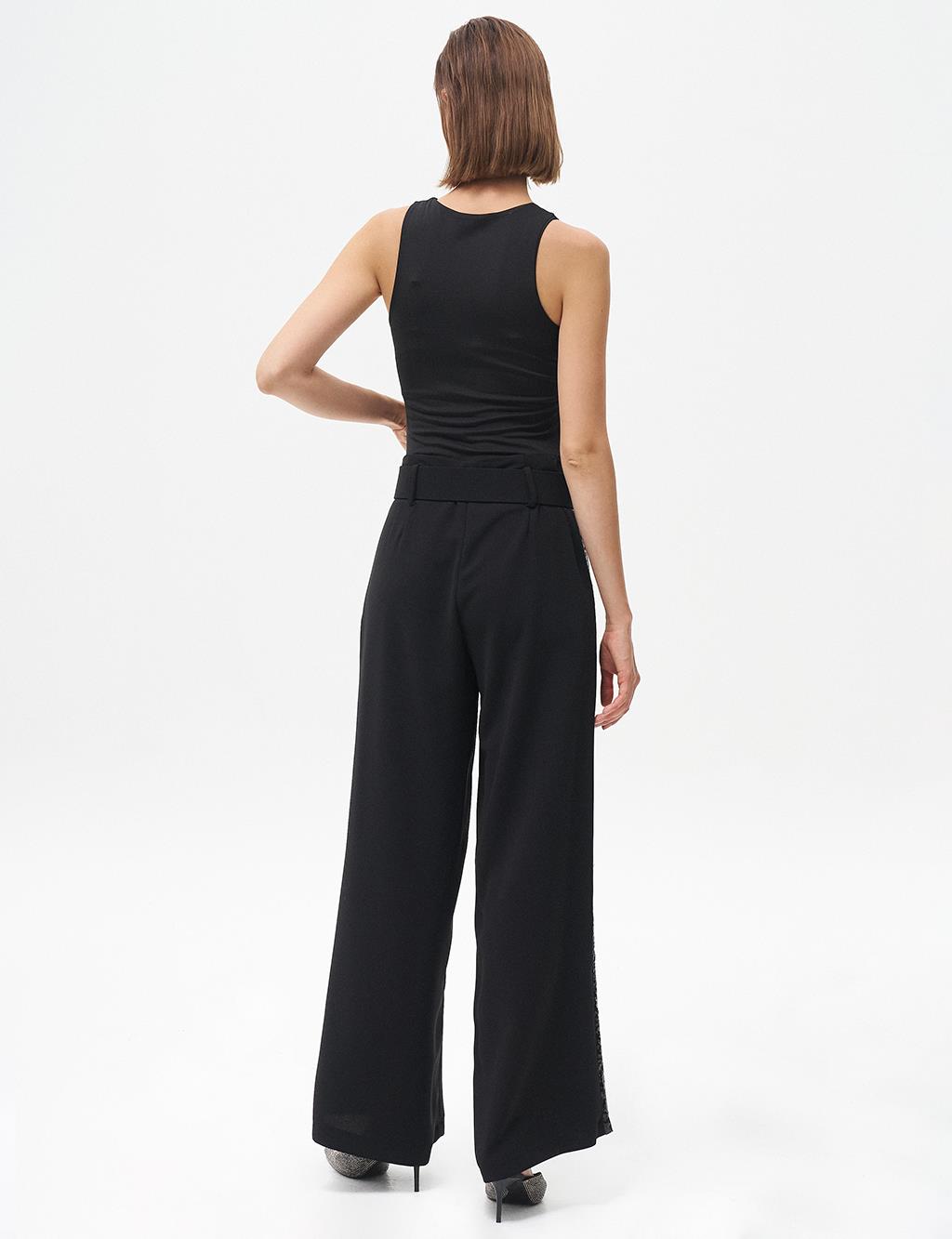 Wide-Leg Pants with Metal Buckle Detail Black