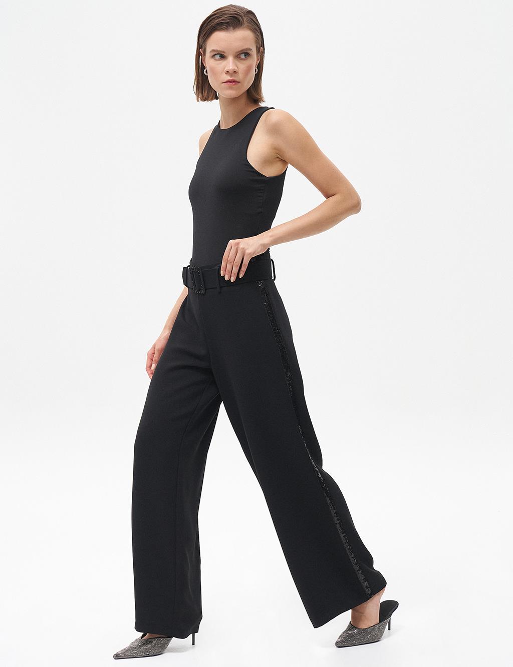 Wide-Leg Pants with Metal Buckle Detail Black