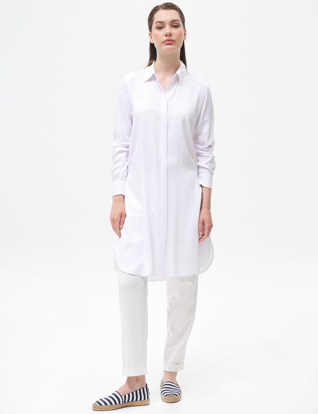 Hidden Placket Long Basic Tunic Optical White