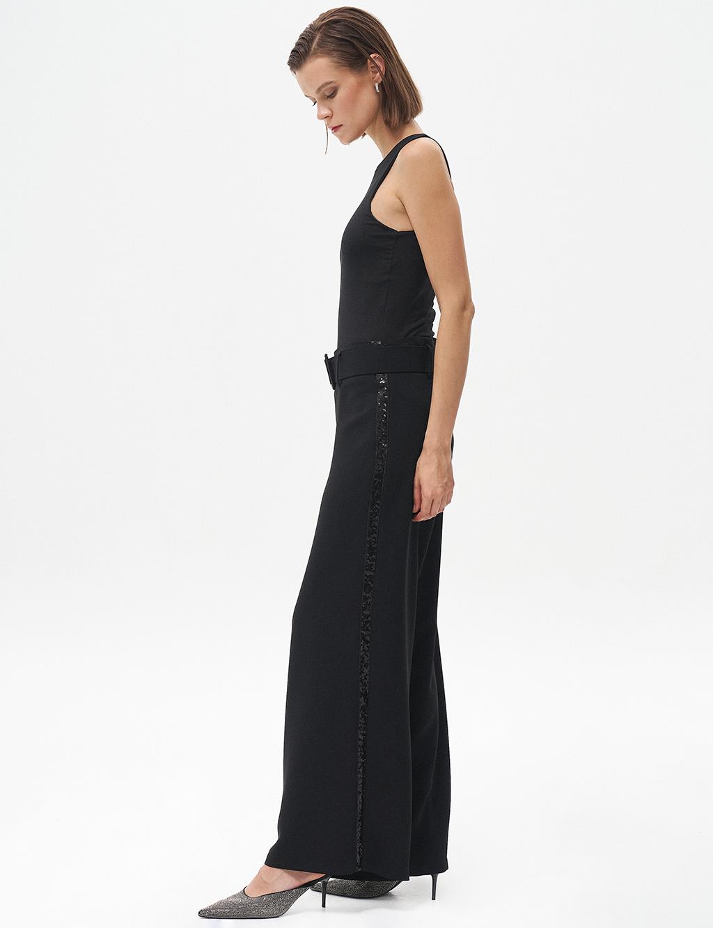 Wide-Leg Pants with Metal Buckle Detail Black