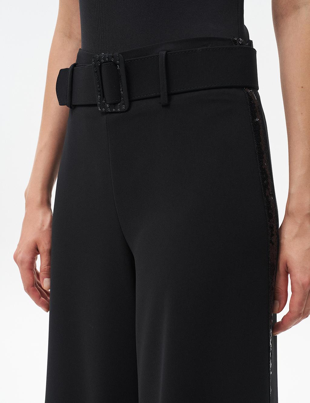 Wide-Leg Pants with Metal Buckle Detail Black