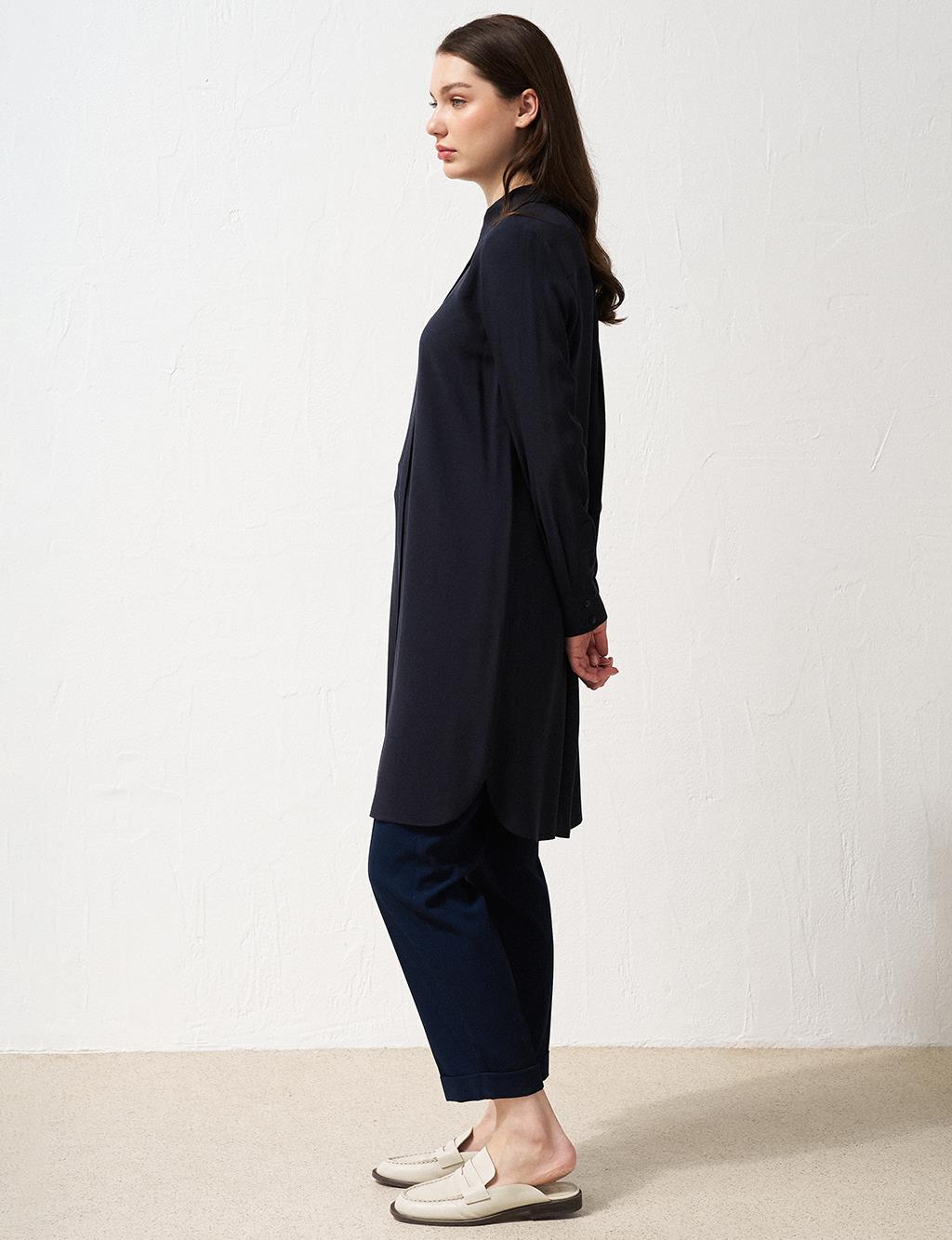 Hidden Placket Long Basic Tunic Navy Blue