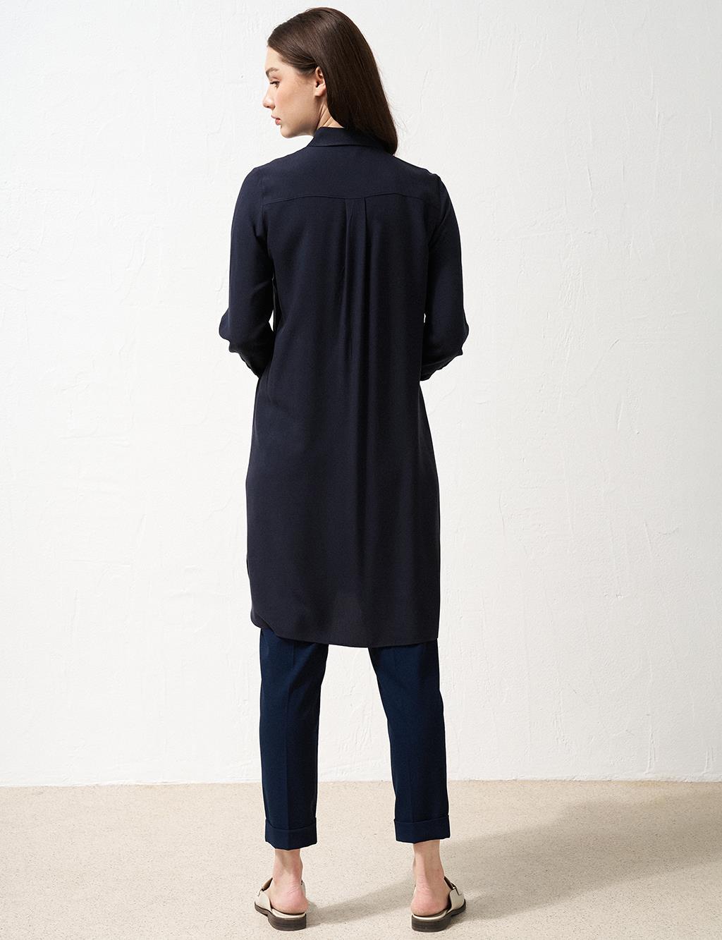 Hidden Placket Long Basic Tunic Navy Blue